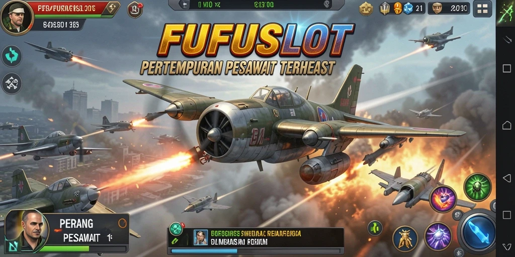 Antarmuka permainan FUFUSLOT dengan pertempuran pesawat yang intens.