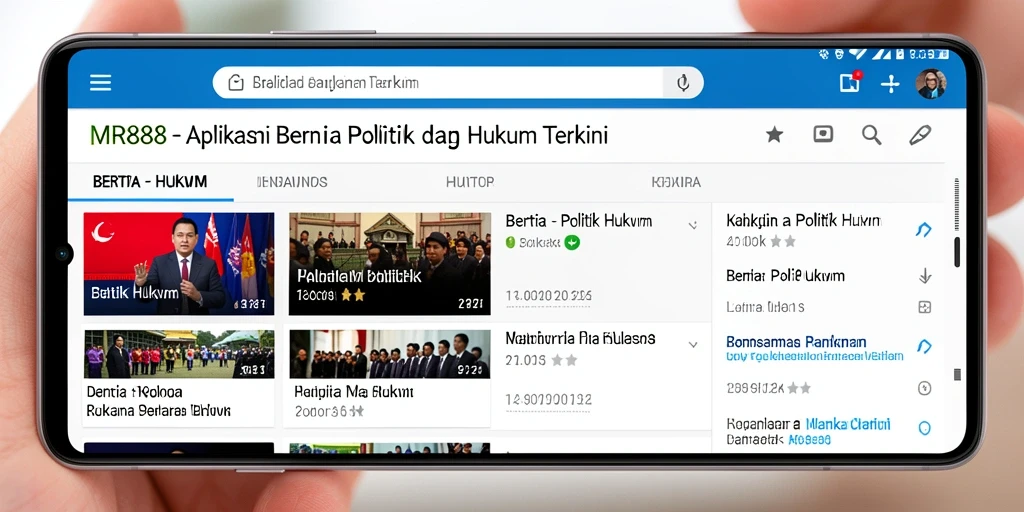 Antarmuka aplikasi MR888 menampilkan berita politik dan hukum terkini.